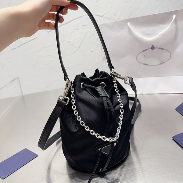 

prad bag mini bucket bag women crossbody chain bags designer luxury shoulder bags handle armpit handbags string purse nylon triangular sequi, Blue;pink