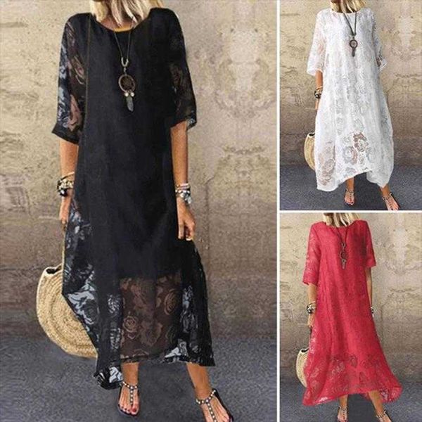 

summer womens casual dresses round neck short sleeve lace long dress, Black;gray