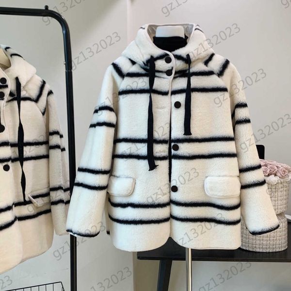 

women jackets contrasting color striped high neck hooded lamb wool jackets button open long sleeves warm coat simple fashion womens apparel, Black;brown
