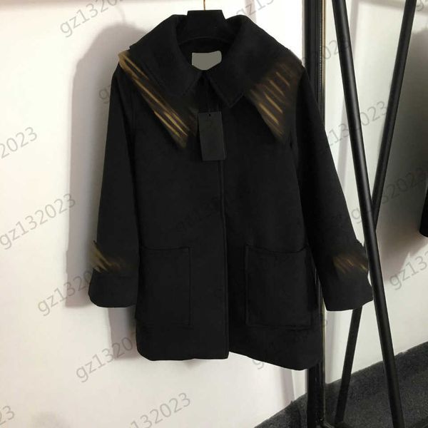 

womens wool blends coat letter patchwork lapels button open long sleeves wool coats fabric thick warm fashion joker outerwear designer women, Black