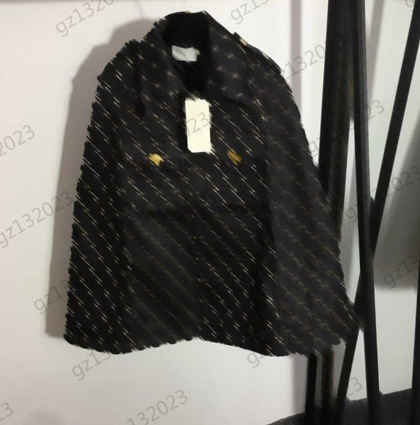 

women jackets classic logo jacquard lapel cape jackets shoulder button open flip pocket woolen coat fashion luxury womens clothes 2 colors, Black;brown