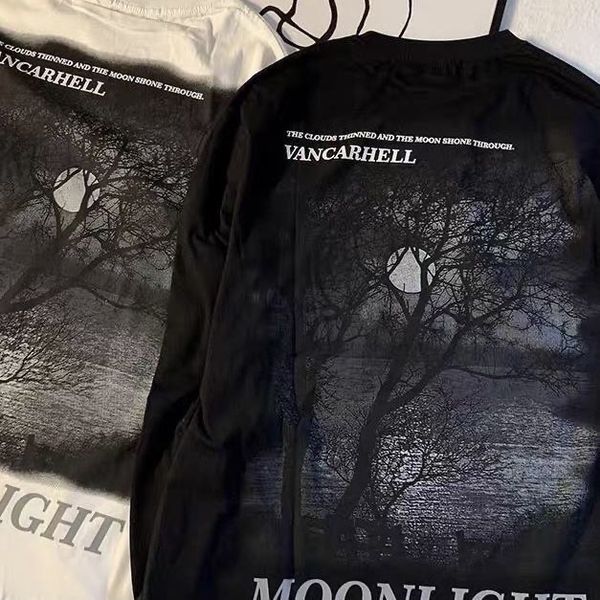 

designer streetwear landscape printing pure cotton long sleeves t-shirt for couples oversize pullover hoodies sweatshirt, Black