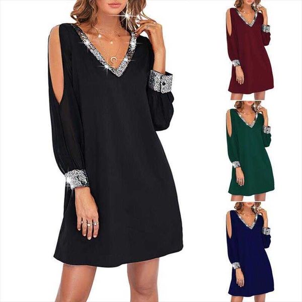

contrast color stitching sequined chiffon off-the-shoulder dress colors, Black;gray
