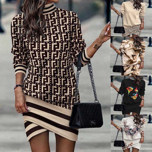 

new style women long sleeve high collar printed irregular dress in autumn and winter for women, Black;gray