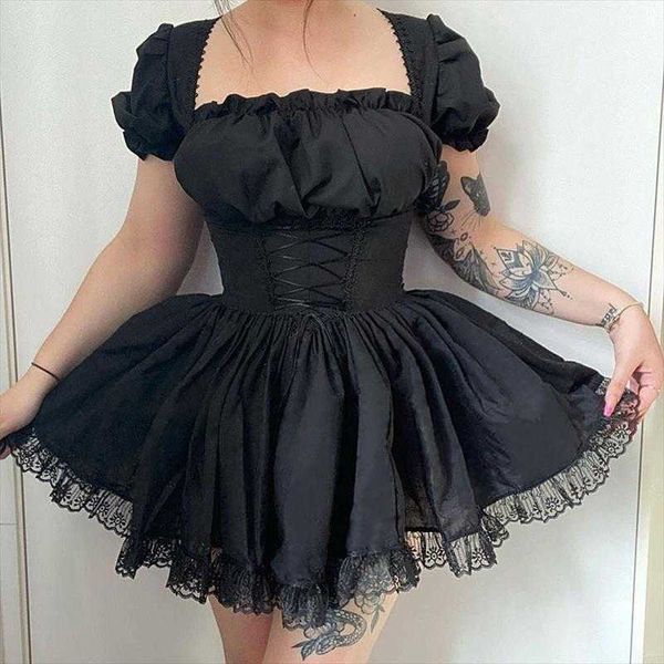 

cc cute sweet puff sleeve chest-flattering dress spring and summer lace princess, Black;gray
