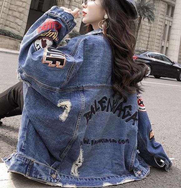 

new women denim streetwear jacket embroidery jeans hip hop hole single breasted jeans jacket039s warm coat9573193, Black;brown