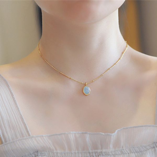 

romantic blue natural stone 18k gold designer necklace 316l titanium steel chain woman choker womens pendant necklaces for teen girls fashio, Silver
