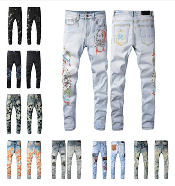 

amriss clothing jeans men women t shirts panther print army green destroyed mens slim denim straight biker skinny pants men1654790, Blue