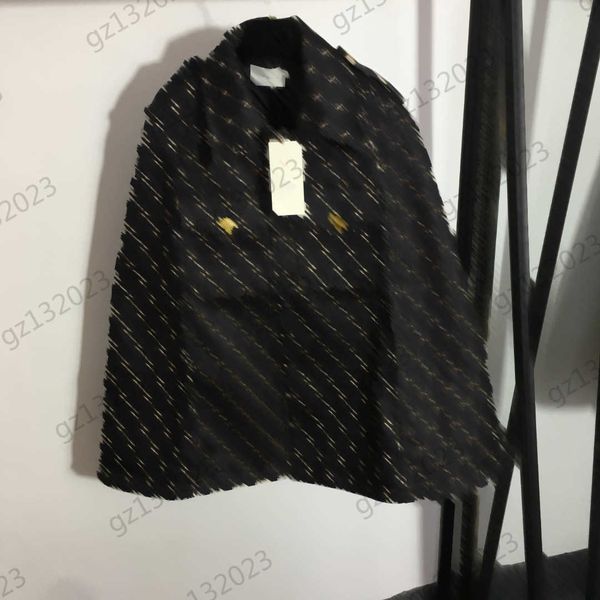 

women jackets classic logo jacquard lapel cape jackets shoulder button open flip pocket woolen coat fashion luxury womens clothes 2 colors, Black;brown