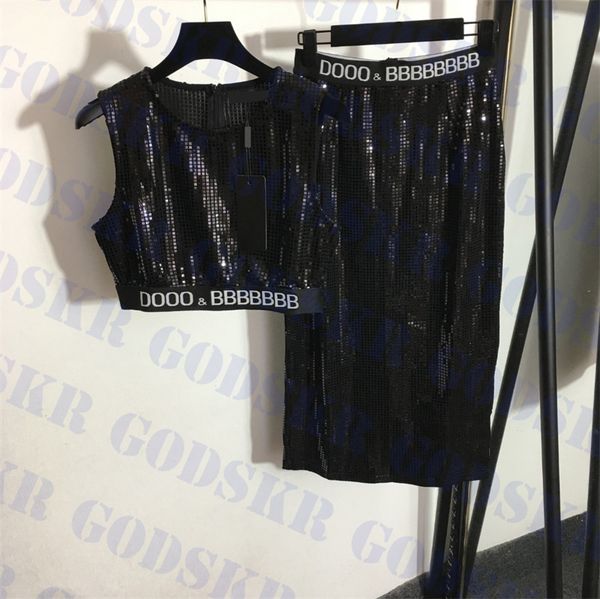 

plaid sequin tanks letter print dress womens trendy cropped high waist long skirt three colors, White