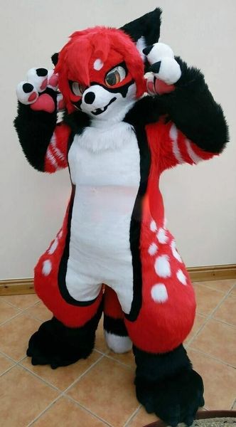 

red furry fursuit fox mascot costume animal carnival fancy party dress-up for halloween and xmas, Red;yellow