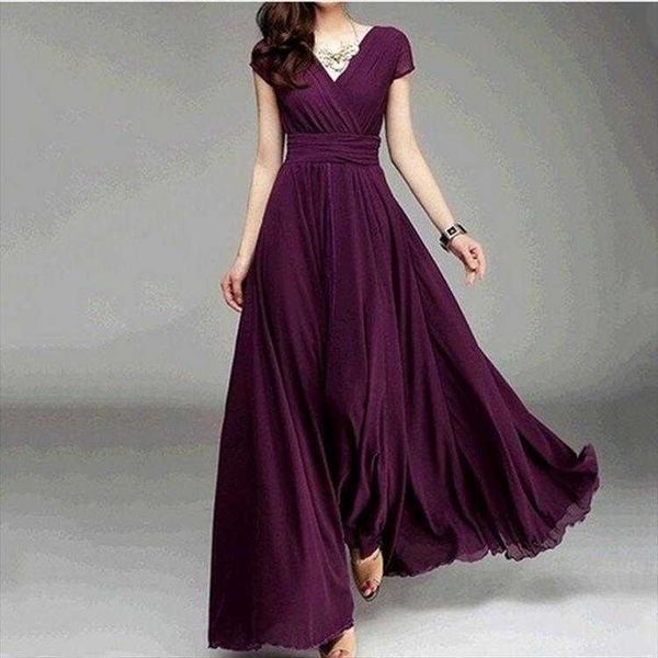 

v neck short sleeve bohemian chiffon maxi dresses waist summer dress, Black;gray