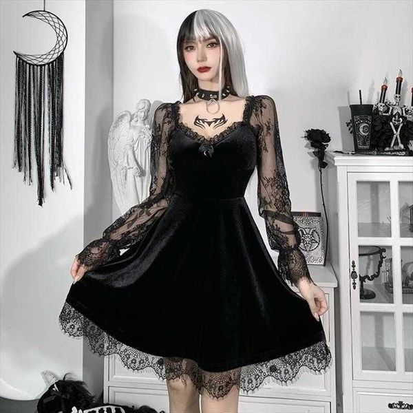 

hy dark autumn dress lace stitching chest flared long sleeve ruffled, Black;gray