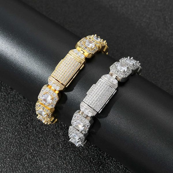 

13mm cz baguette bracelet design for men women luxury rapper bracelet with 18k gold rhodium plating jewelries, Golden;silver