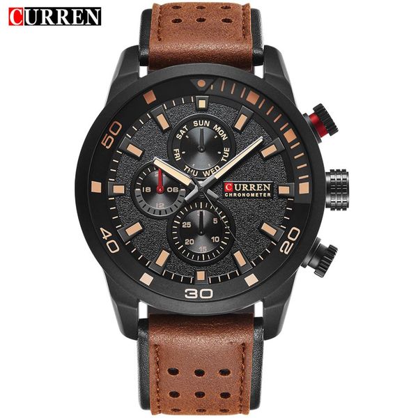 

curren original brand men's sports waterproof leather strap quartz wrist watch 82502875, Slivery;brown