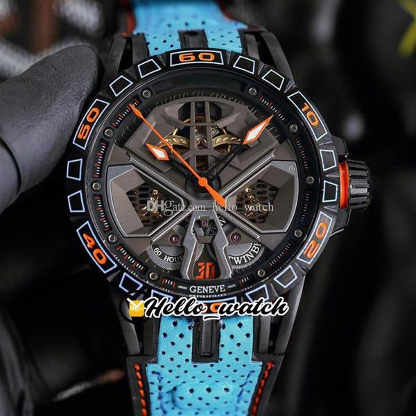 

excalibur spider 45mm rddbex0828 automatic mens watch skeleton dial pvd black steel case blue leather rubber strap sport watches h2916, Slivery;brown