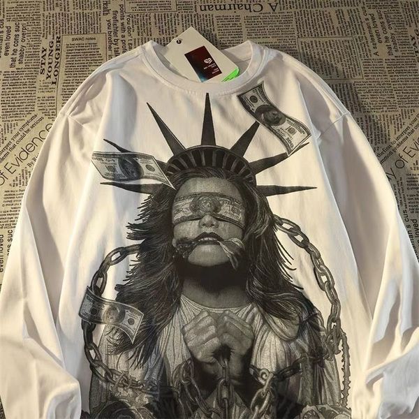 

designer streetwear statue print pure cotton long sleeves t-shirt for couples oversize pullover hoodies sweatshirt, Black