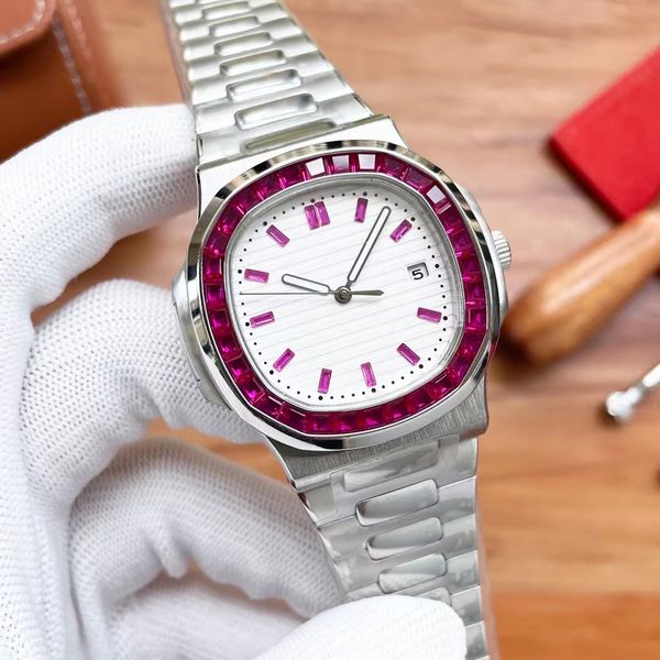 

mens watch selling rainbow red square drill 5711 nautilus fully automatic mechanical machine back penetration movement watches 904l fully re, Slivery;brown