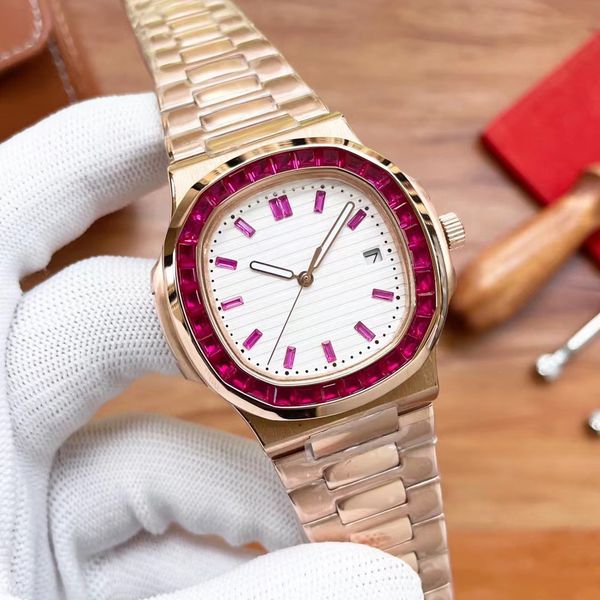 

mens gold moissanite watch square drill 5711 nautilus fully automatic mechanical back penetration movement watches steel 40mm diamond lumino, Slivery;brown