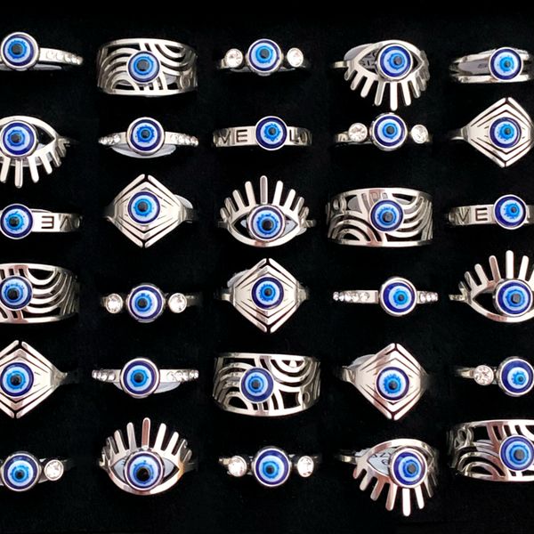 

36pcs blue evil eye vintage finger cluster rings bulk mixed metal plated for women men friends wedding party fashion jewelry holiday gifts a, Golden;silver