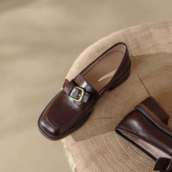 

dress shoes autumn new square head shallow mouth coarse heel single shoes belt buckle slip on small leather shoes cowhide women's, Black