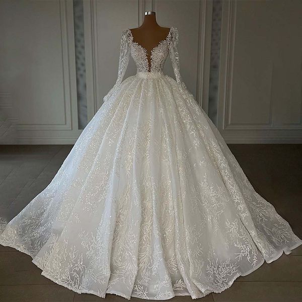 

custom made luxurious ball gown weddding dresses puffy v neck long sleeve sequins women formal bride gowns, White