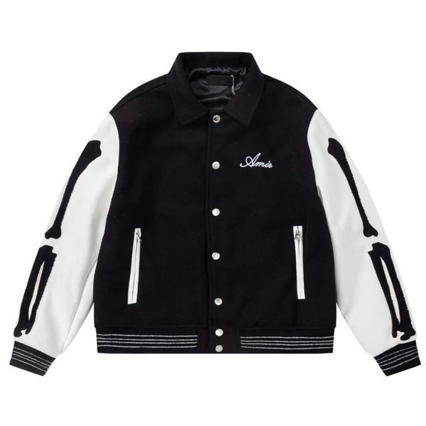 

men's jackets skeleton bone towel embroidered letter jacket mens street wear wool blend baseball jacket windproof coat, Black;brown