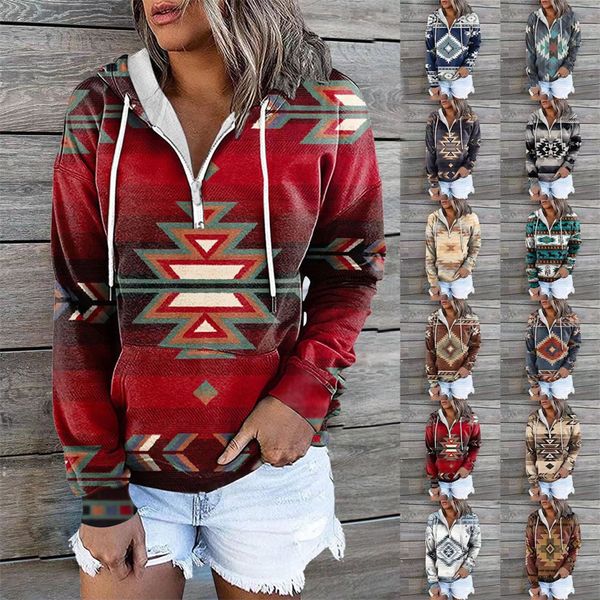 

autumn winter retro western ethnic geometric hoodies sweatshirt women's casual vintage loose street sweatshirts boho pullovers, Black