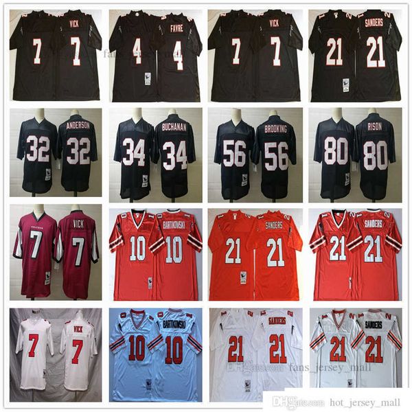 

2022 ncaa vintage football 21 deion sanders jersey 32 jamal anderson 34 ray buchanan 7 michael vick 4 brett favre 10 steve bartkowski home m, Black;red