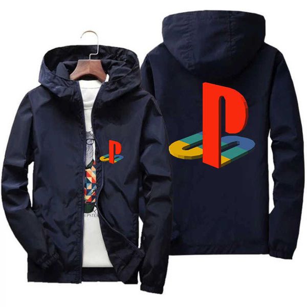 

ps men's game playstation thin windbreaker zipper hooded coat slim fit outdoor sportswear pilot parkas jacket, Black;brown