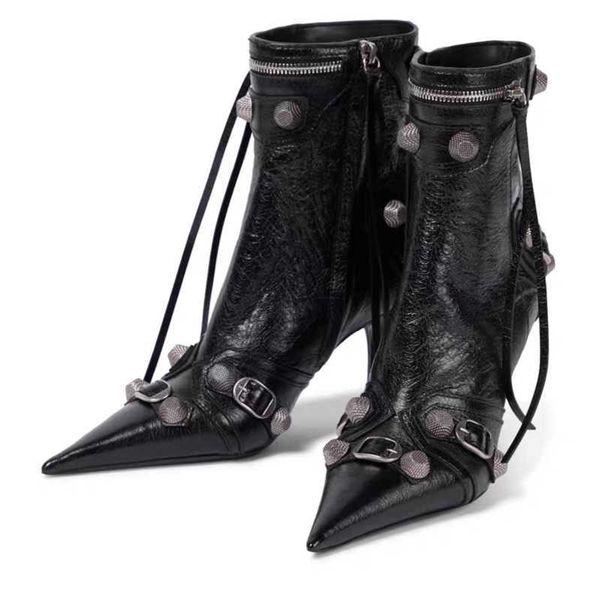 

women boots pointed toe women's short four seasons universal metal rivet decorative thin high heel bare tassel side zipper 0719, Black