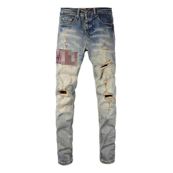 

amr mens jeans slim fit letter print straight leg distressed denim pants destroyed washed skinny jean trousers, Blue