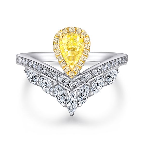 

wedding accessories pure silver engagement rings fadeless single yellow diamond birdal crown v shape ring proposal ring no fading ladies jew, White