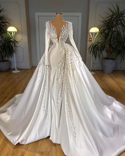 

exquisite ball gown wedding dresses appliques deep v neck long sleeves sequins beads satin pearls ruffles detachable train floor length brid, White