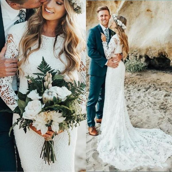 

beach full lace wedding dresses long sleeves boho plus size sweep train bohemian wedding dress country bridal gowns vestidos de novia, White