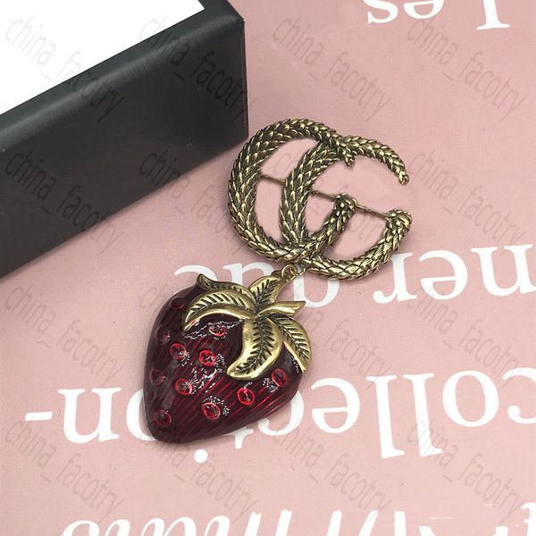 

designer gold plated letter brooch luxury personality retro classic brand letters broochs brass strawberry inlaid with diamond, Gray