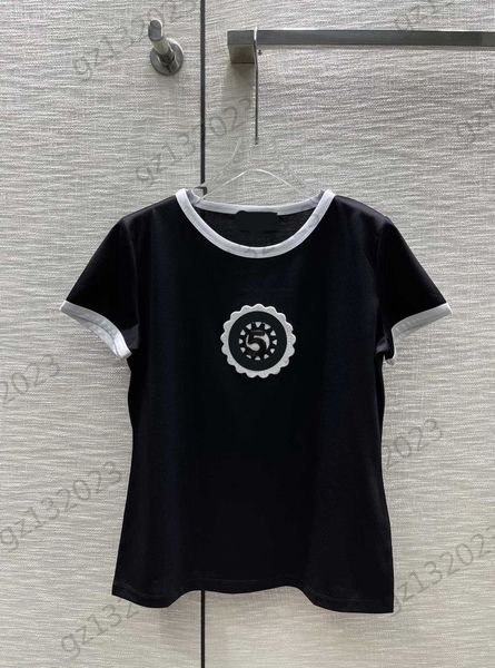 

womens clothes t-shirts designer front sunflower embroidered crew neck short sleeve t-shirt color contrast edge design pure cotton fabric te, White