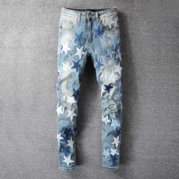 

mens designer jeans distressed ripped new amri casual hip hop high street worn out and washed splash ink color painting slim fit men qjut ph, Blue