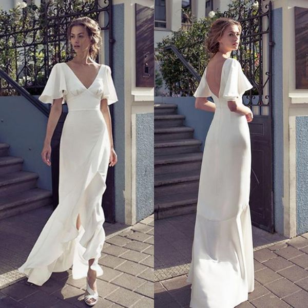 

v neck sheath wedding dresses front split backless bridal dress floor length wedding dresses custom, White