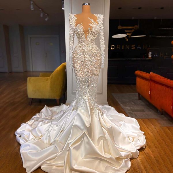 

2023 crystal mermaid wedding dresses long sleeves beads appliques lace bridal gowns custom made sweep train vestidos de novia, White