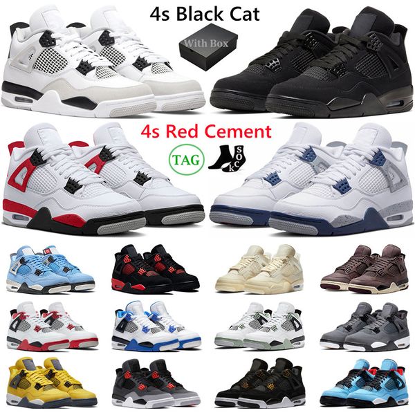 

box with 4 basketball shoes men women 4s black cat red cement military thunder midnight navy university blue mens trainers sports sneakers