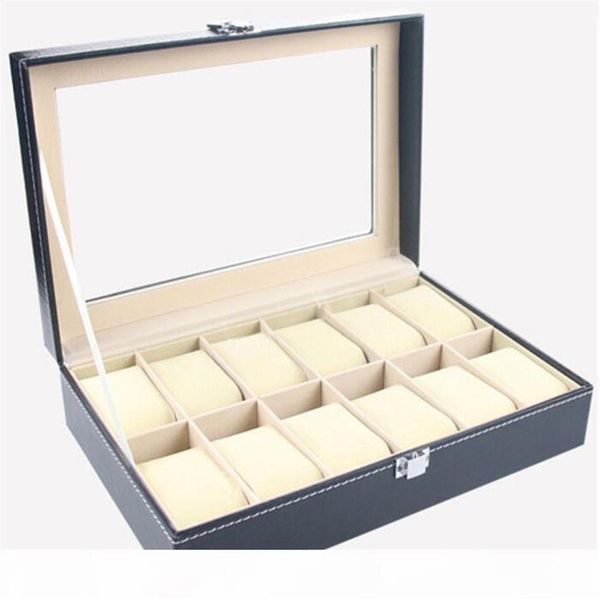 

faux leather watch box display case organizer 12 slots jewelry storage box2637, Black;blue