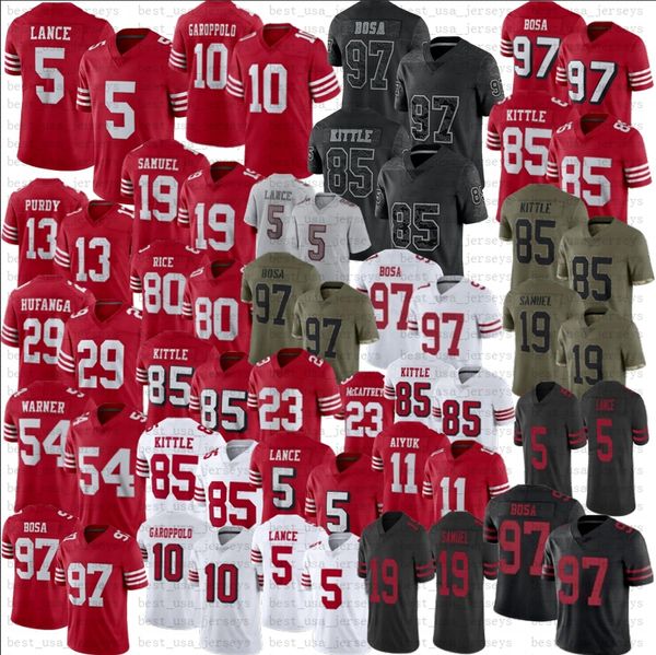 

trey lance 85 george kittle football jersey brock purdy christian mccaffrey nick bosa deebo samuel warner rice joe montana talanoa hufanga a, Black;red