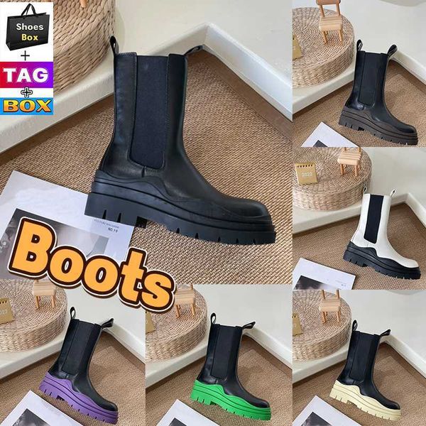 

with box venetas men boots women half knee boots with thick soles tire chelsea platform mens booties leather woman designer shoe rubber roun, Black