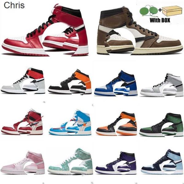 

mens jumpman 1s basketball shoes high og 1 unc university blue royal red green sport shoe chicago trainers men womens, Black;white