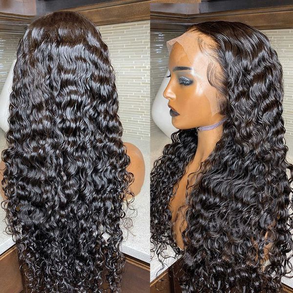 

lace wigs 13x4 hd transprent curly human hair for women brazilian 30 40 inch dwater wave 13x6 front deep frontal 221216, Black;brown
