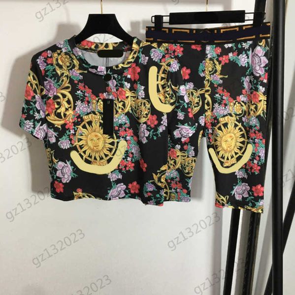 

womens tracksuit sun floral print crewneck short sleeves t-shirt elastic ribbon knee-length shorts fashion designer women yoga track suit cl, Gray