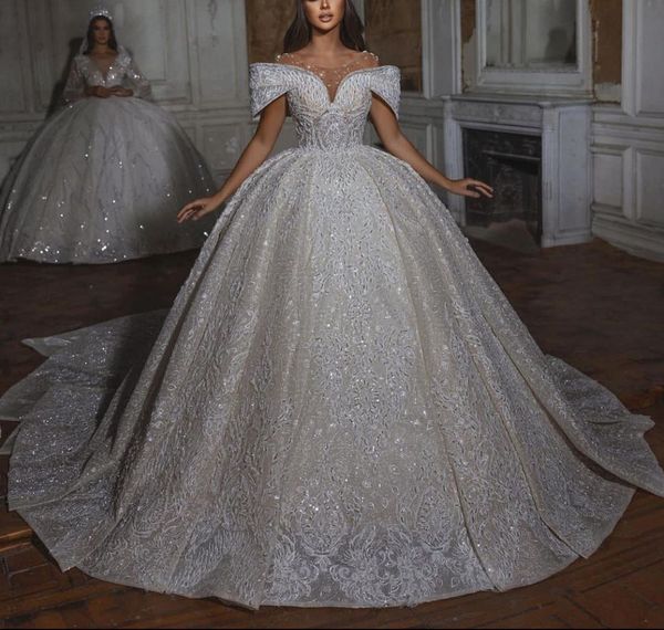 

luxury ball gown wedding dresses appliques v neck sleeveless off shoulder sequins beads lace ruffles celebrity floor length luxury celebrity, White