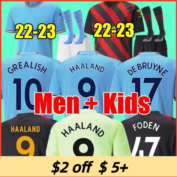 

22 23 HAALAND SOCCER JERSEYS GREALISH STERLING MAHREZ fans player version DE BRUYNE FODEN 2022 2023 football tops shirt kids kit sets uniform, 22 23 away adult