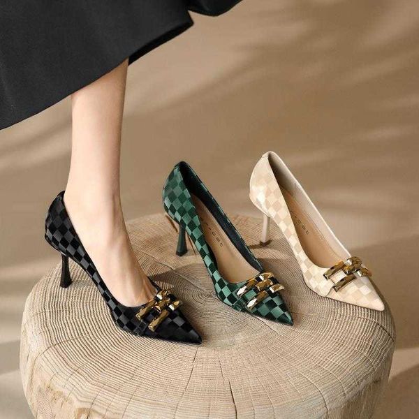 

dress shoes concise high heels shoes women's 2022 stiletto plaid chain decor ladies pointed toe pumps 221224, Black